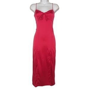 LECHE Pink Ruffle Sleeveless Satin Like Front Slit Midi Dress Large NWT